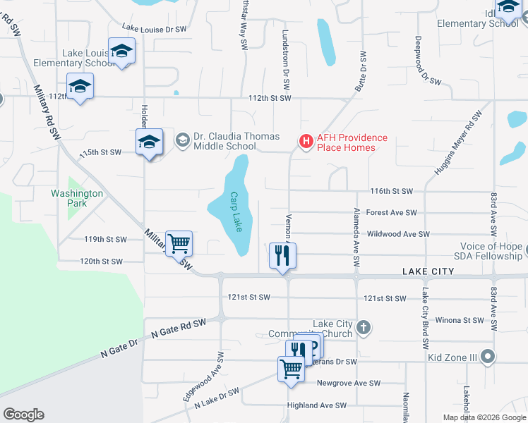 map of restaurants, bars, coffee shops, grocery stores, and more near 9217 117th Street Court Southwest in Tacoma