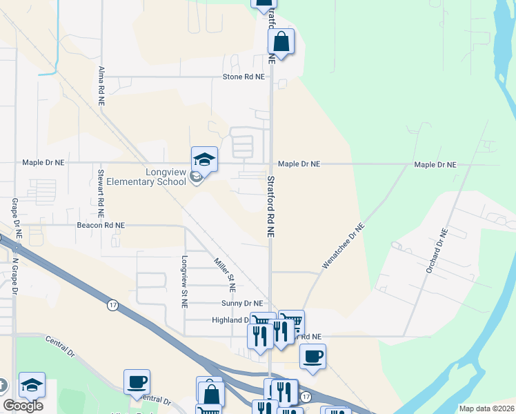map of restaurants, bars, coffee shops, grocery stores, and more near 4370 Stratford Road Northeast in Moses Lake