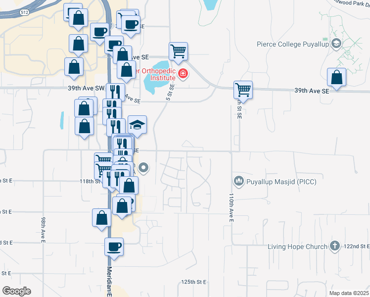 map of restaurants, bars, coffee shops, grocery stores, and more near 701 43rd Ave SE in Puyallup