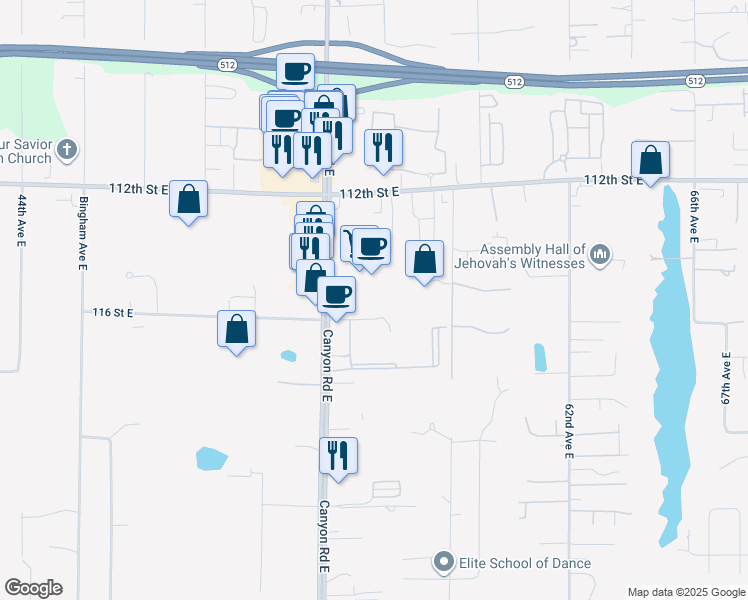 map of restaurants, bars, coffee shops, grocery stores, and more near 11515 Canyon Road East in Puyallup