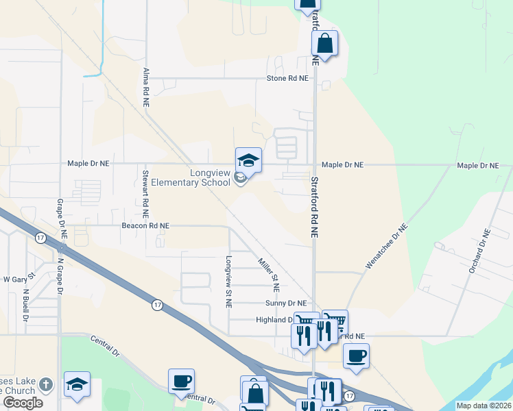map of restaurants, bars, coffee shops, grocery stores, and more near 9783 Apple Lane Northeast in Moses Lake
