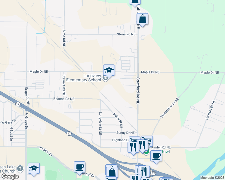 map of restaurants, bars, coffee shops, grocery stores, and more near 9783 Apple Lane Northeast in Moses Lake