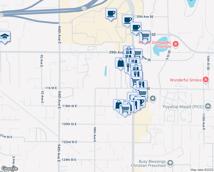 map of restaurants, bars, coffee shops, grocery stores, and more near 11601 99th Avenue Court East in Puyallup