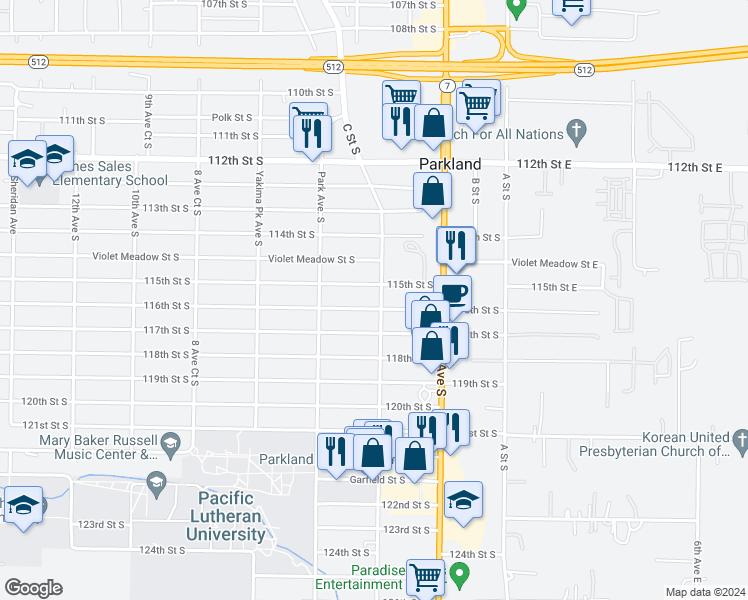 map of restaurants, bars, coffee shops, grocery stores, and more near 404 116th Street South in Tacoma