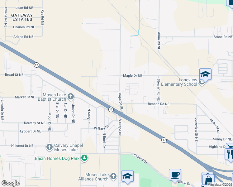 map of restaurants, bars, coffee shops, grocery stores, and more near 4330 Grape Drive Northeast in Moses Lake