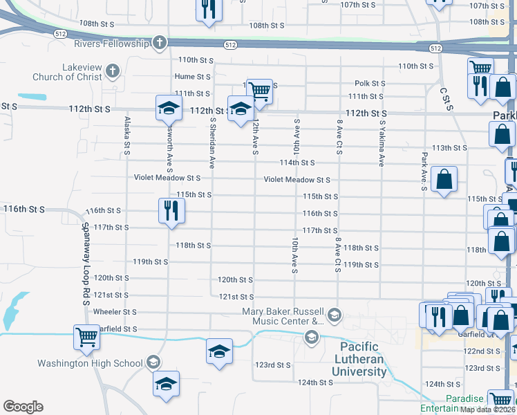 map of restaurants, bars, coffee shops, grocery stores, and more near 1112 116th Street South in Tacoma