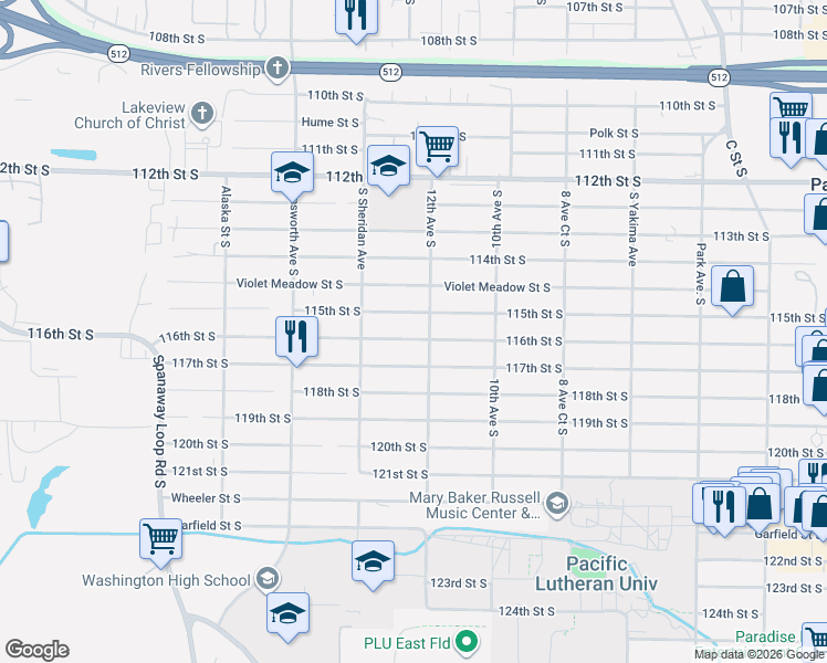 map of restaurants, bars, coffee shops, grocery stores, and more near 1211 116th Street South in Tacoma