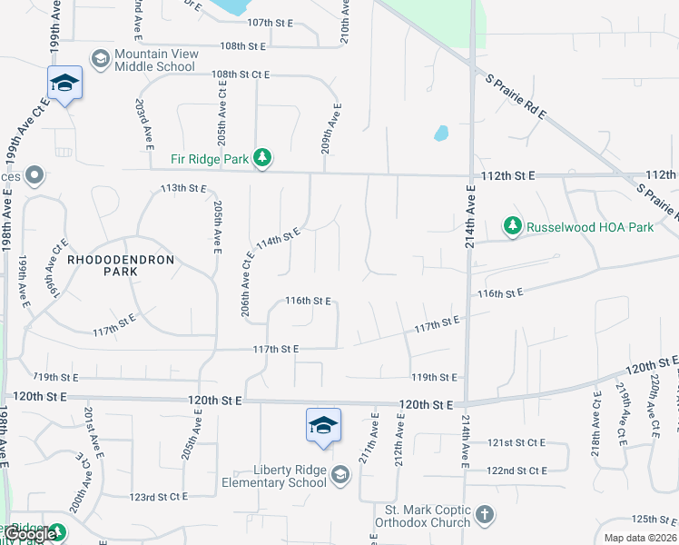 map of restaurants, bars, coffee shops, grocery stores, and more near 20907 116th Street East in Sumner