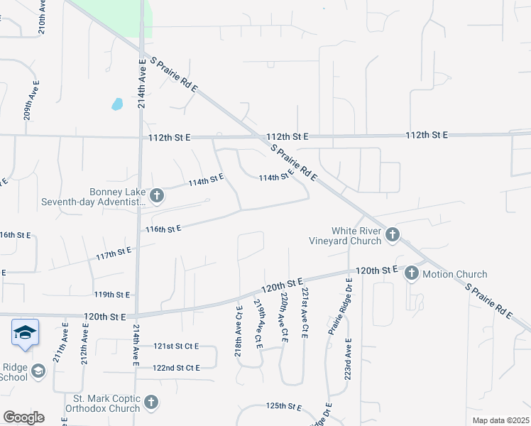 map of restaurants, bars, coffee shops, grocery stores, and more near 21813 116th Street Court East in Sumner