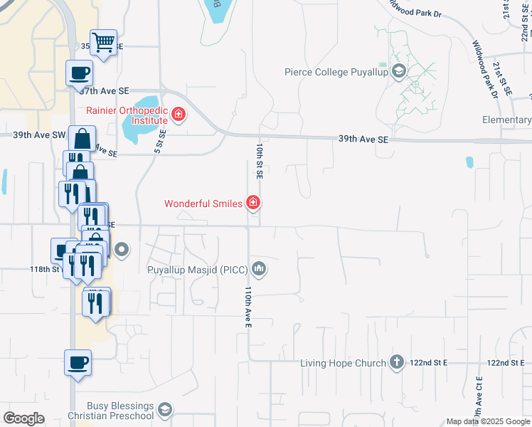 map of restaurants, bars, coffee shops, grocery stores, and more near 11014 116th Street East in Puyallup