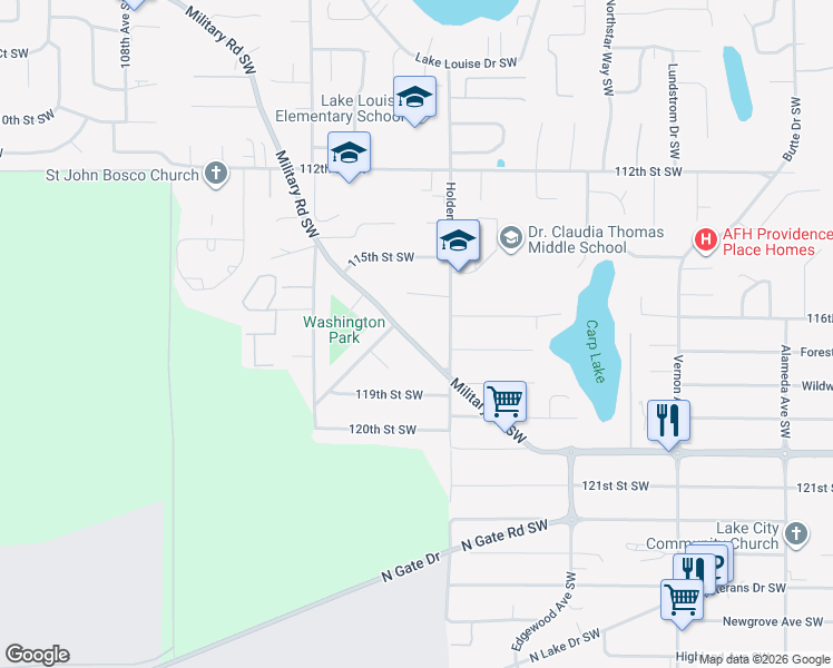 map of restaurants, bars, coffee shops, grocery stores, and more near 11705 Military Road Southwest in Lakewood