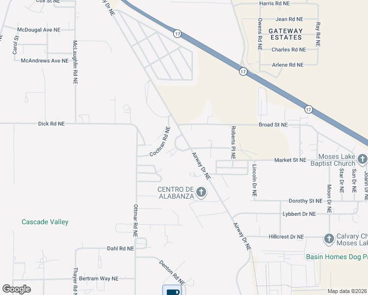 map of restaurants, bars, coffee shops, grocery stores, and more near 4433 Airway Drive Northeast in Moses Lake