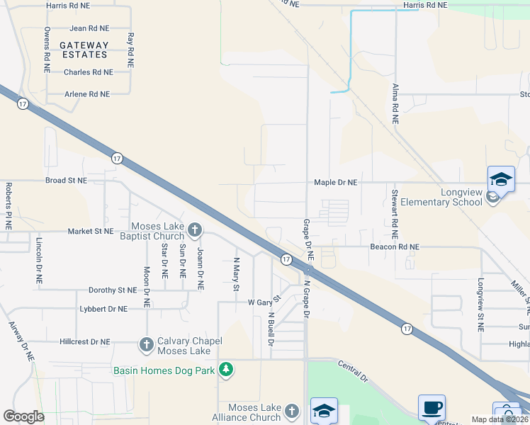 map of restaurants, bars, coffee shops, grocery stores, and more near 4740 Grape Drive Northeast in Moses Lake