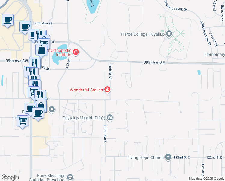 map of restaurants, bars, coffee shops, grocery stores, and more near 3939 10th Street Southeast in Puyallup