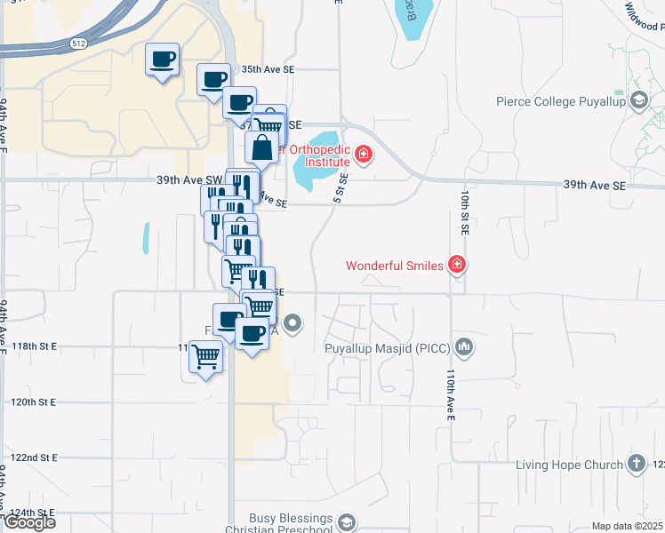 map of restaurants, bars, coffee shops, grocery stores, and more near 3909 5th Street Southeast in Puyallup