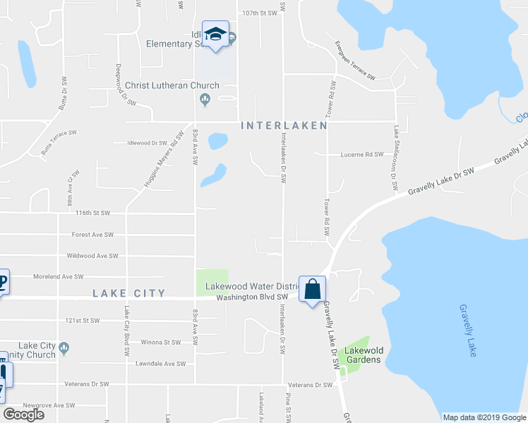 map of restaurants, bars, coffee shops, grocery stores, and more near 11512 Interlaaken Drive Southwest in Tacoma