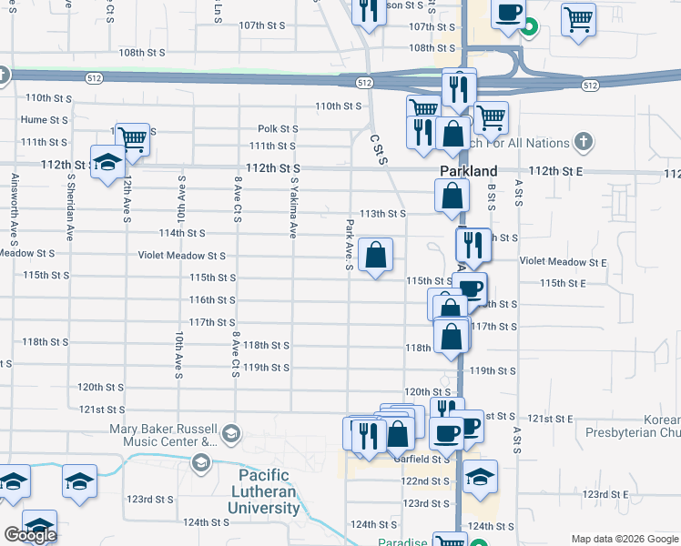 map of restaurants, bars, coffee shops, grocery stores, and more near 614 Violet Meadow Street South in Tacoma