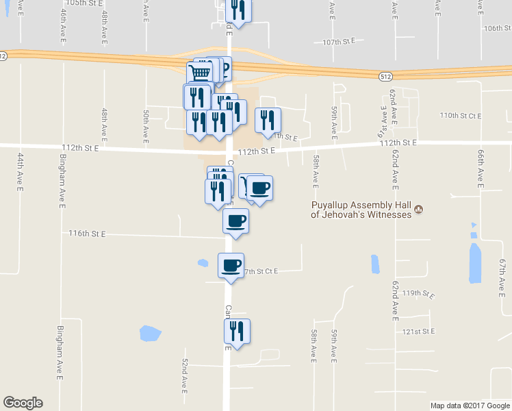 map of restaurants, bars, coffee shops, grocery stores, and more near 11051 Canyon Road East in Puyallup