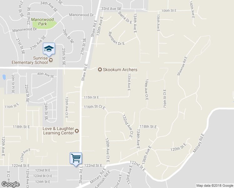 map of restaurants, bars, coffee shops, grocery stores, and more near 13115 115th Street East in Puyallup