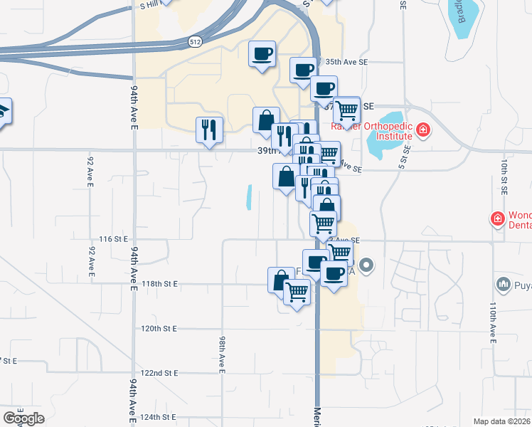 map of restaurants, bars, coffee shops, grocery stores, and more near 4112 4th Street Place Southwest in Puyallup