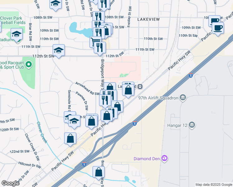 map of restaurants, bars, coffee shops, grocery stores, and more near 4822 115th Street Court Southwest in Lakewood