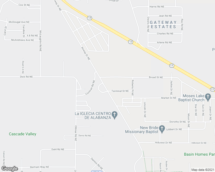 map of restaurants, bars, coffee shops, grocery stores, and more near 4433 Airway Drive Northeast in Moses Lake