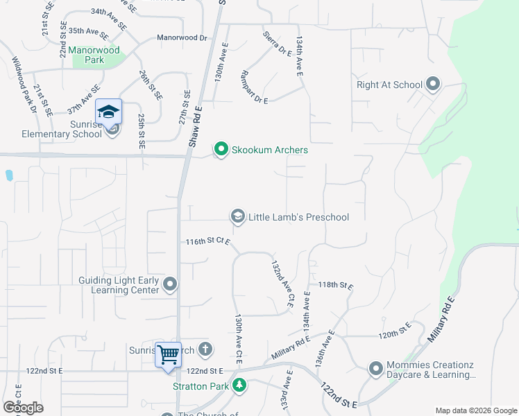 map of restaurants, bars, coffee shops, grocery stores, and more near 13115 115th Street East in Puyallup