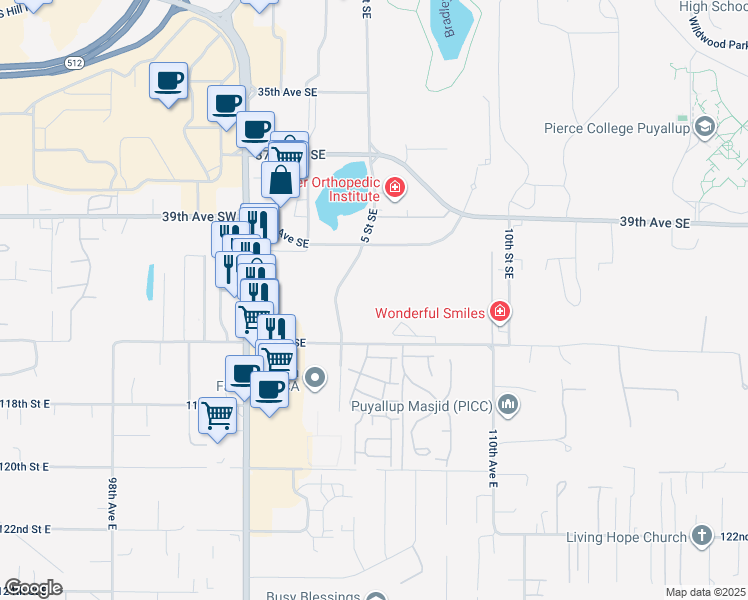 map of restaurants, bars, coffee shops, grocery stores, and more near 3909 5th Street Southeast in Puyallup