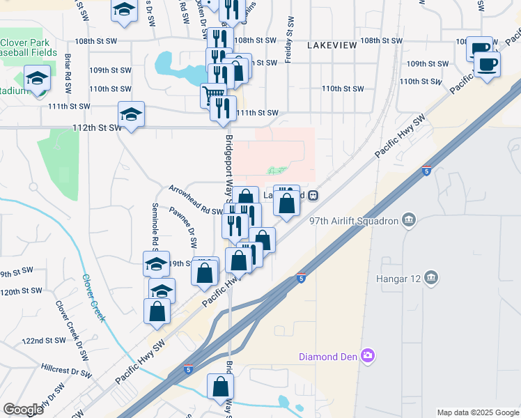 map of restaurants, bars, coffee shops, grocery stores, and more near 4822 115th Street Court Southwest in Lakewood