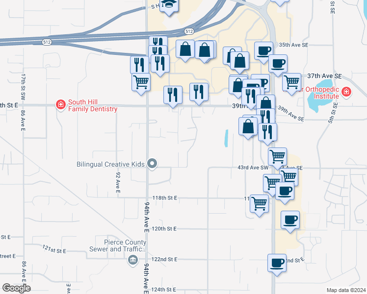 map of restaurants, bars, coffee shops, grocery stores, and more near 4113 7th Street Southwest in Puyallup