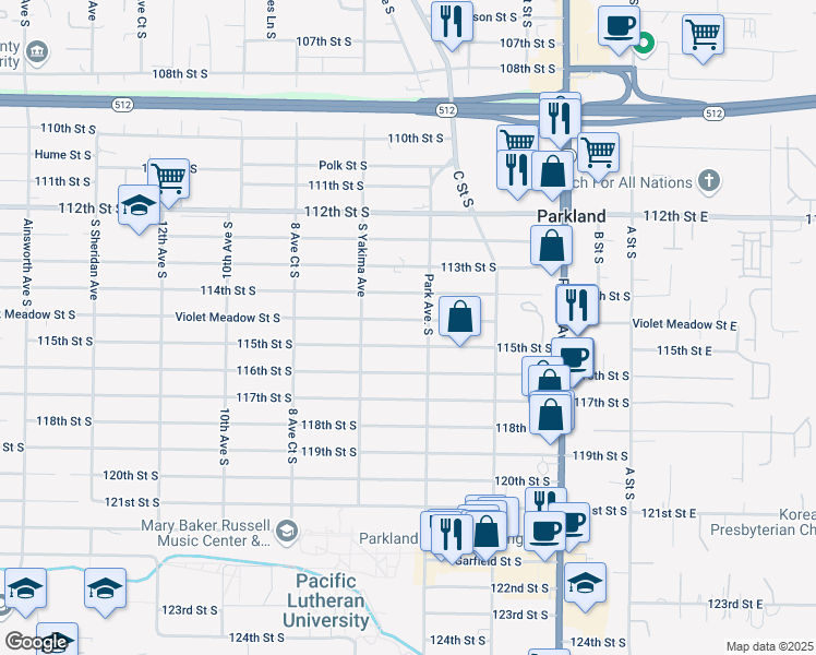 map of restaurants, bars, coffee shops, grocery stores, and more near 614 Violet Meadow Street South in Tacoma