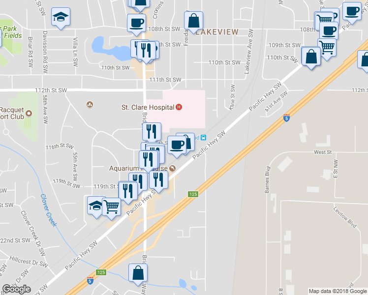 map of restaurants, bars, coffee shops, grocery stores, and more near 4802 115th Street Court Southwest in Tacoma