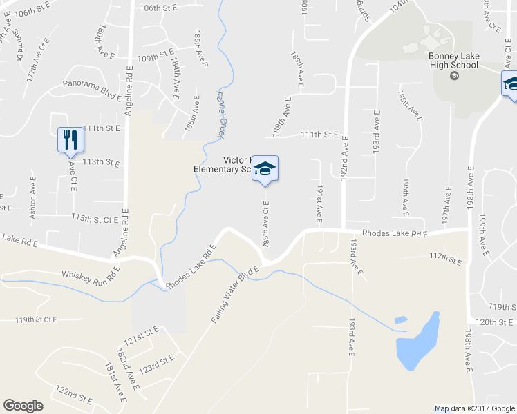 map of restaurants, bars, coffee shops, grocery stores, and more near 11424 188th Avenue Court East in Bonney Lake