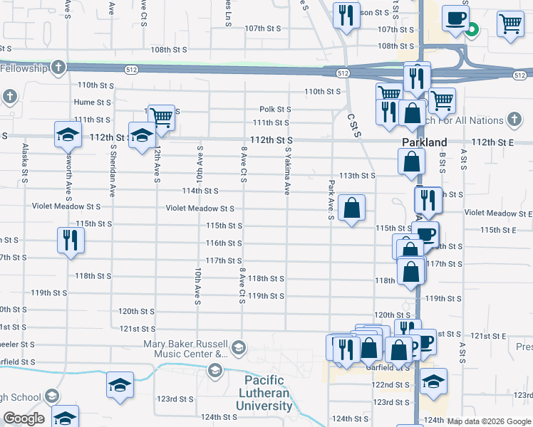map of restaurants, bars, coffee shops, grocery stores, and more near 774 Violet Meadow Street South in Parkland