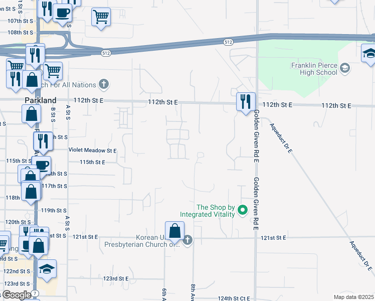 map of restaurants, bars, coffee shops, grocery stores, and more near 11519 7th Avenue Court East in Tacoma