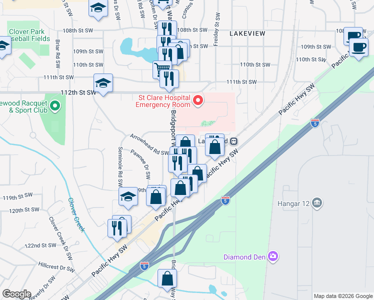 map of restaurants, bars, coffee shops, grocery stores, and more near 11521 Bridgeport Way Southwest in Lakewood
