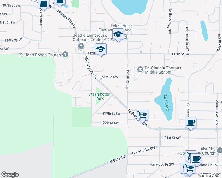 map of restaurants, bars, coffee shops, grocery stores, and more near 11607 Military Road Southwest in Tacoma