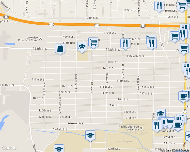 map of restaurants, bars, coffee shops, grocery stores, and more near 1114 Violet Meadow Street South in Tacoma