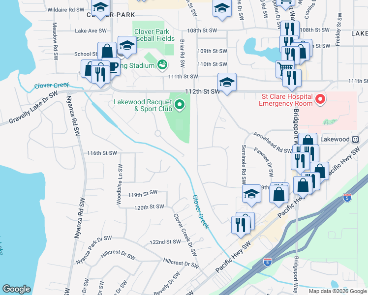 map of restaurants, bars, coffee shops, grocery stores, and more near 11533 Cloverdale Court Southwest in Tacoma