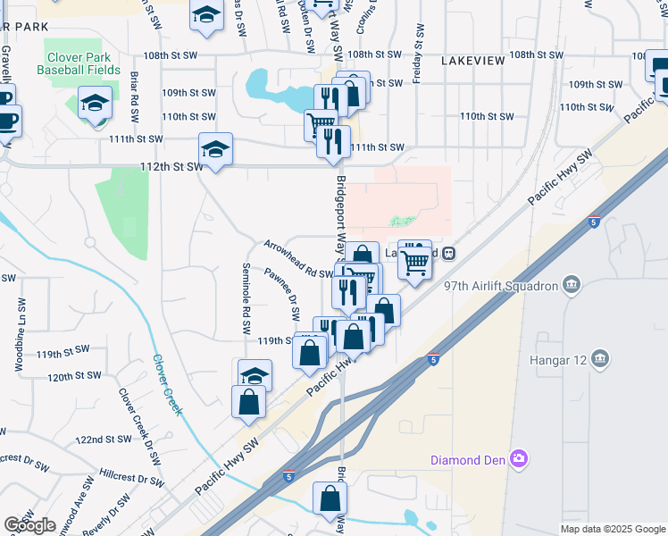 map of restaurants, bars, coffee shops, grocery stores, and more near 5105 Arrowhead Road Southwest in Lakewood