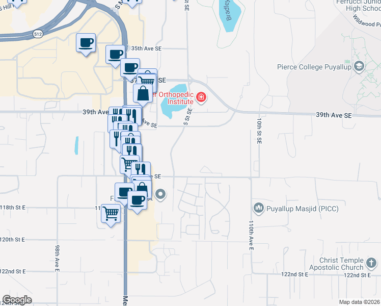 map of restaurants, bars, coffee shops, grocery stores, and more near 3909 5th Street Southeast in Puyallup