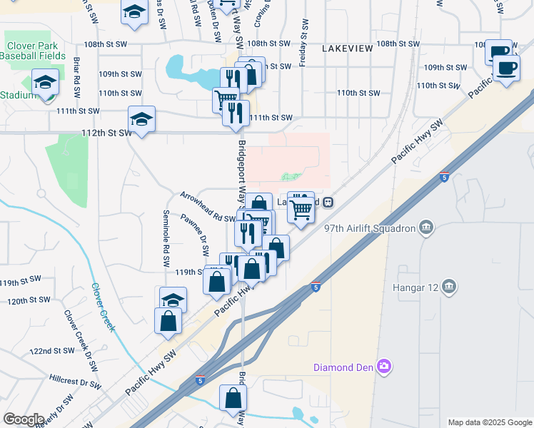 map of restaurants, bars, coffee shops, grocery stores, and more near 11521 Bridgeport Way Southwest in Lakewood