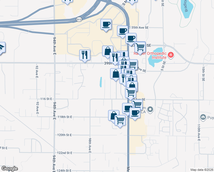 map of restaurants, bars, coffee shops, grocery stores, and more near 4112 4th Street Place Southwest in Puyallup