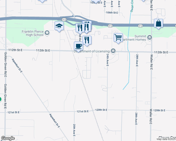 map of restaurants, bars, coffee shops, grocery stores, and more near 11509 22nd Avenue East in Tacoma