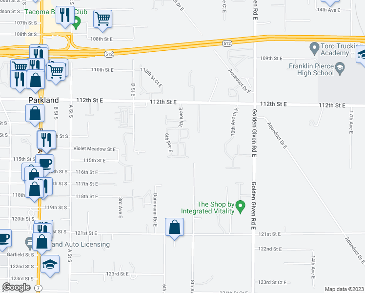 map of restaurants, bars, coffee shops, grocery stores, and more near 11508 7th Avenue Court East in Tacoma