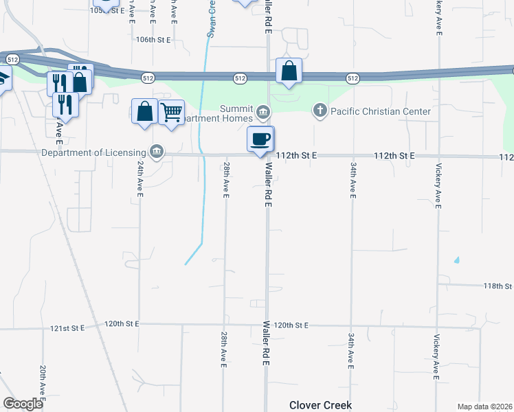 map of restaurants, bars, coffee shops, grocery stores, and more near 11420 Waller Road East in Tacoma