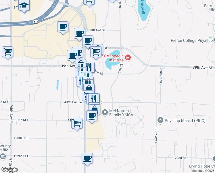 map of restaurants, bars, coffee shops, grocery stores, and more near 5th Ave SE in Puyallup