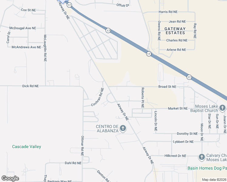 map of restaurants, bars, coffee shops, grocery stores, and more near 4459 Airway Drive Northeast in Moses Lake