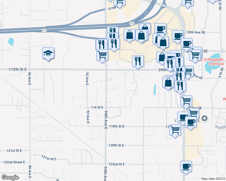 map of restaurants, bars, coffee shops, grocery stores, and more near 4104 7th Street Southwest in Puyallup