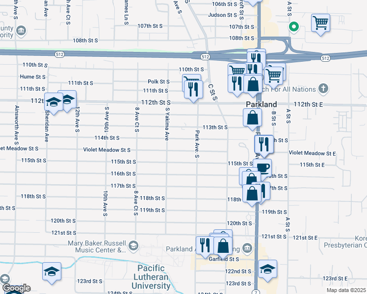map of restaurants, bars, coffee shops, grocery stores, and more near 614 Violet Meadow Street South in Tacoma
